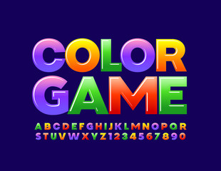 Vector bright sign Color Game with glossy Font. Creative Alphabet Letters and Numbers