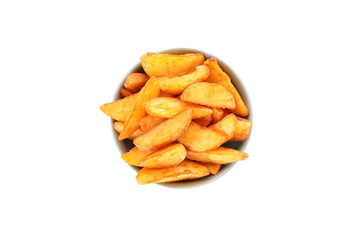 Bowl with slices of baked potato wedges isolated on white background, top view