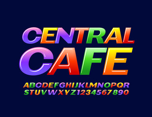 Vector colorful Emblem Central Cafe. Bright Glossy Font for Children. Creative Alphabet Letters and Numbers.