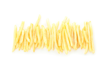 Flat lay with tasty french fries isolated on white background, top view