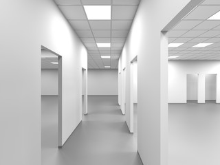 An empty office corridor with white walls 3d