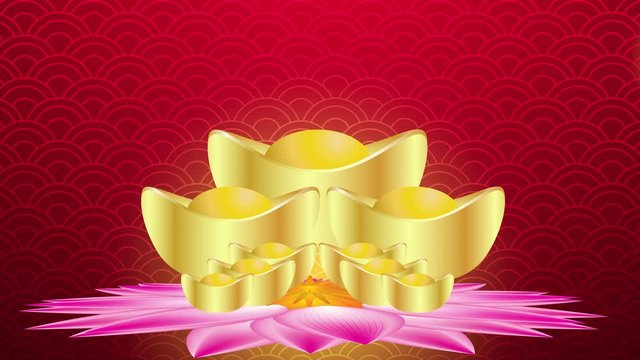 Happy Chinese New Year Greeting card with Lotus flower and chinese gold,video animation on red background.