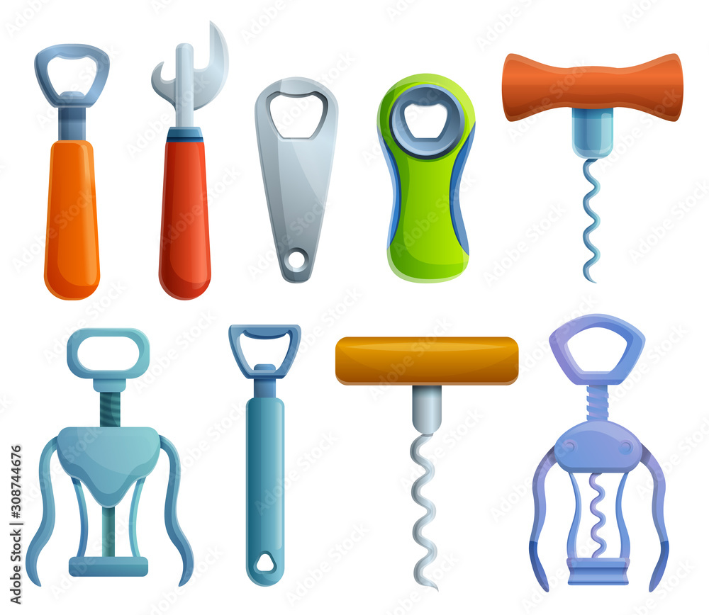 Poster bottle-opener icons set. cartoon set of bottle-opener vector icons for web design