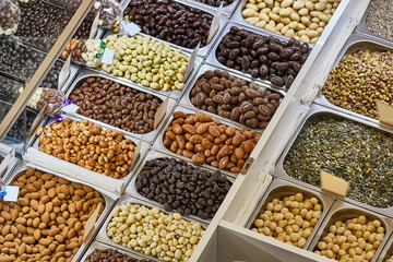 Candies, sweets, sugar coated nuts sold at the chritmas market