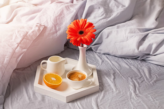 Tray with coffee, milk, orange and red flower in a vase.