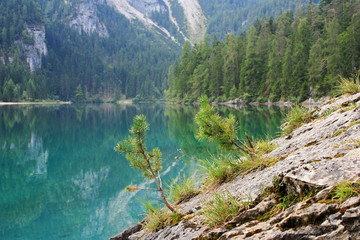 Stone coast of a turquoise lake