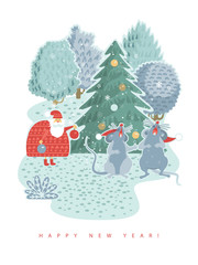 Chinese New Year greeting card 2020. Theme of year of metal rat on modern poster. Text on Chinese: Happy New year!