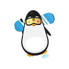 Sport Penguin With Blue Snowboard and yellow Protective Mask. Snowboarding Goggles on white isolated background. Stock Vector Illustration.