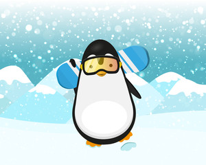 Sport Penguin With Blue Snowboard and yellow Protective Mask. Snowboarding Goggles on snowy mountains background. Stock Vector Illustration.