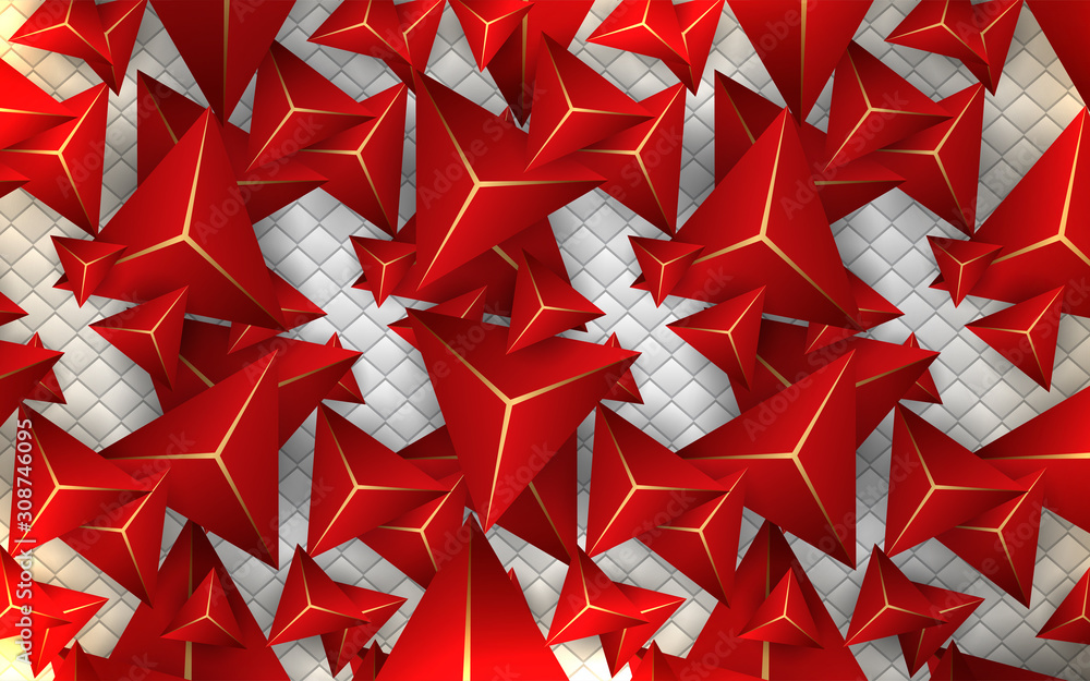 Poster abstract red polygonal pattern with 3d crystal triangles texture a combination line light gold. luxu