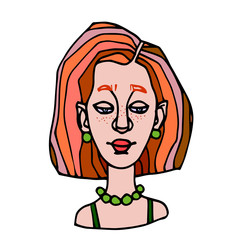 head of a european young cute redhead girl with freckles avatar, color vector illustration with black contour lines isolated on a white background in a hand drawn and cartoon style