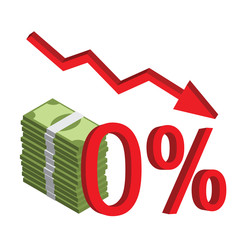 Decreasing of money interest rate to zero percent with down arrow vector, isolated white background
