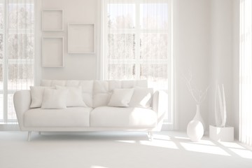 Mock up of stylish room in white color with sofa. Scandinavian interior design. 3D illustration