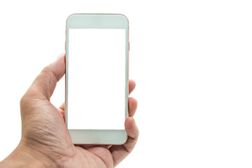 Man hand holding blank screen smart phone on isolated white background for artwork