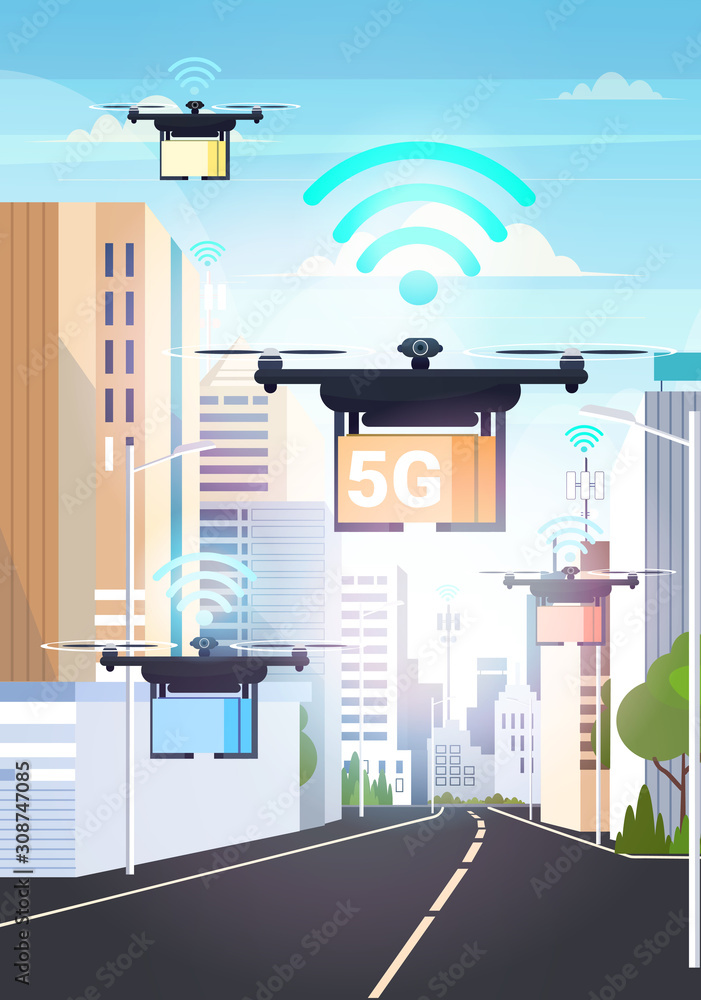 Poster drones flying with cardboard boxes over smart city 5g online network wireless system connection expr