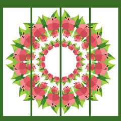 Round frame of red hibiscus flowers. Border from plants.