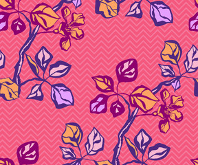 Seamless floral pattern with Japanese quince flowers and ornamental decorative background. Vector pattern. Print for textile, cloth, wallpaper, scrapbooking