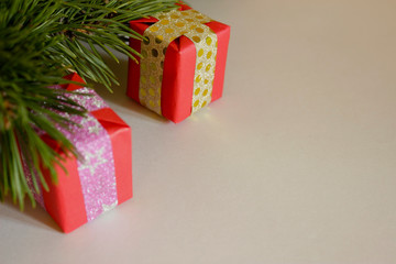 New Year red gifts boxes on isolated white background