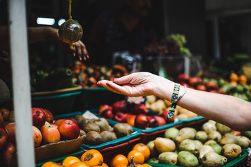 Tourist traveler pays for produce at a fruit and vegetable market in Colombia - South America...