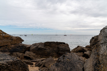 Fototapeta na wymiar Beach rocks of the island of Noirmoutier in Vendee in France
