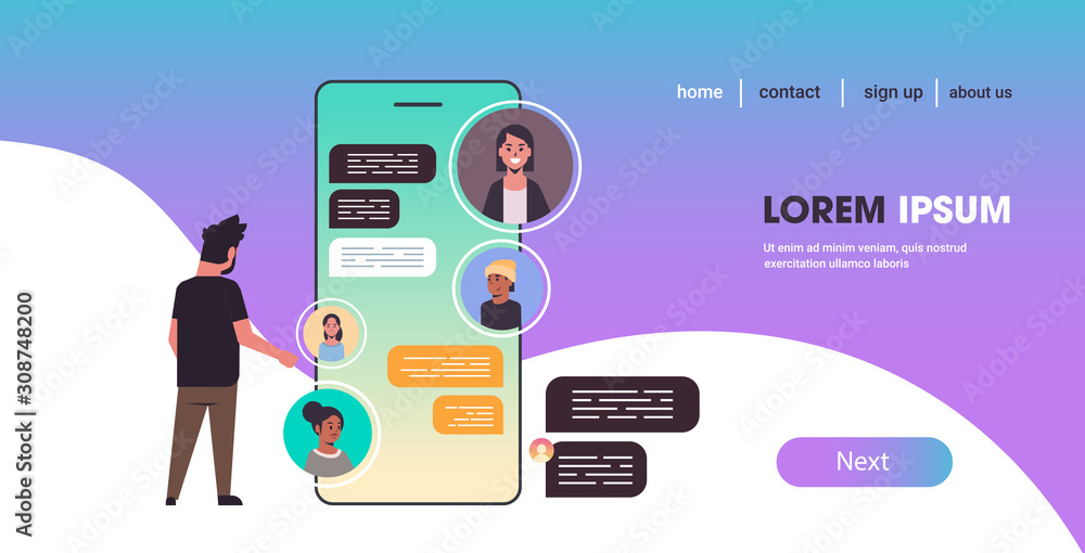 Poster man using smartphone chatting with mix race people social network chat bubble communication concept 