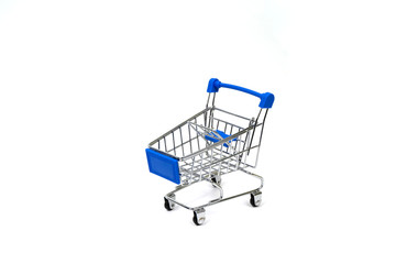 Blue shopping cart isolated on white background.