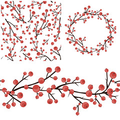 Berry Christmas Vector Set. Seamless Pattern, Border, and Wreath with holly branches isolated on white. Vector illustration for festive design, announcements, postcards, invitations, posters