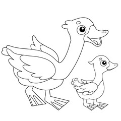 Coloring Page Outline of cartoon goose with gosling. Farm animals. Coloring book for kids.
