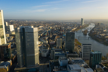  Frankfurt am Main aerial view with drone. Sunset in Frankfurt am Main. 10.12.2019 Frankfurt am Main Germany.