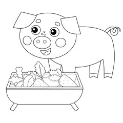 Coloring Page Outline of cartoon pig or swine with food. Farm animals. Coloring book for kids.
