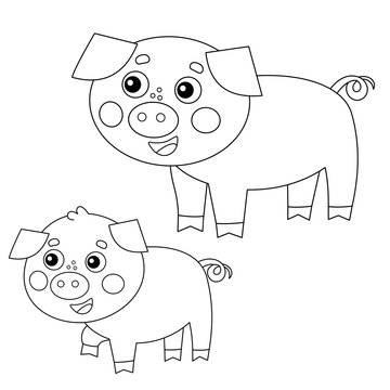 Coloring Page Outline of cartoon pig with piggy. Farm animals. Coloring book for kids.