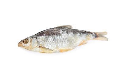 Tasty dried fish isolated on white, above view. Seafood