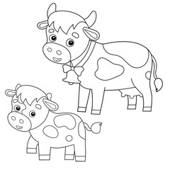Coloring Page Outline of cartoon cow with calf. Farm animals. Coloring book for kids.