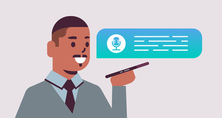 african american man using smartphone voice assistant speech recognition mobile application social network communication message recording concept horizontal portrait vector illustration