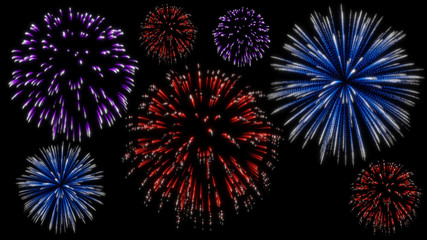 Set of firework red pink and blue.