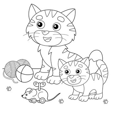 Coloring Page Outline of cartoon cat with kitten and with toys. Pets. Coloring book for kids.
