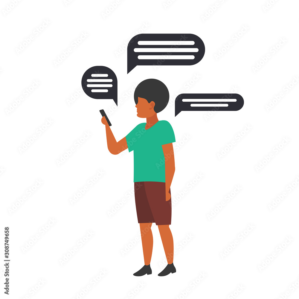 Poster man using smartphone online chatting app social network speech chat bubble communication concept afr