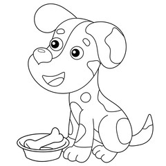 Coloring Page Outline of cartoon dog with bone. Pets. Coloring book for kids.