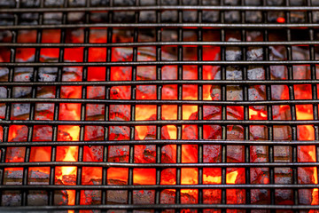 empty hot charcoal barbecue grill - obrazy, fototapety, plakaty
