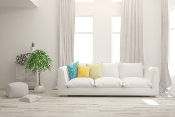 Stylish room in white color with sofa. Scandinavian interior design. 3D illustration