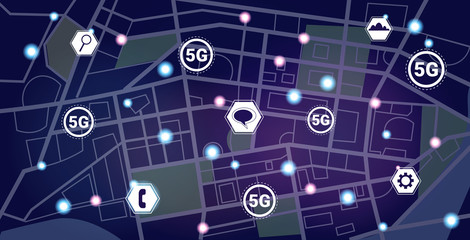 spot lights on city map 5G online communication wireless systems connection concept fifth innovative generation of high speed internet city streets top angle view horizontal vector illustration