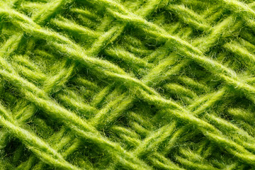 Wool yarn close up colorful green threads for needlework in macro.