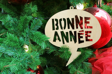 New Year Greeting Ornament BONNE ANNEE in French Meaning "GOOD YEAR" on the Christmas Tree