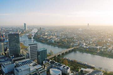 Fototapeta premium Frankfurt am Main aerial view with drone. Sunset in Frankfurt am Main. 10.12.2019 Frankfurt am Main Germany.