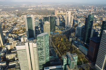 Fototapeta premium Frankfurt am Main aerial view with drone. Sunset in Frankfurt am Main. 10.12.2019 Frankfurt am Main Germany.