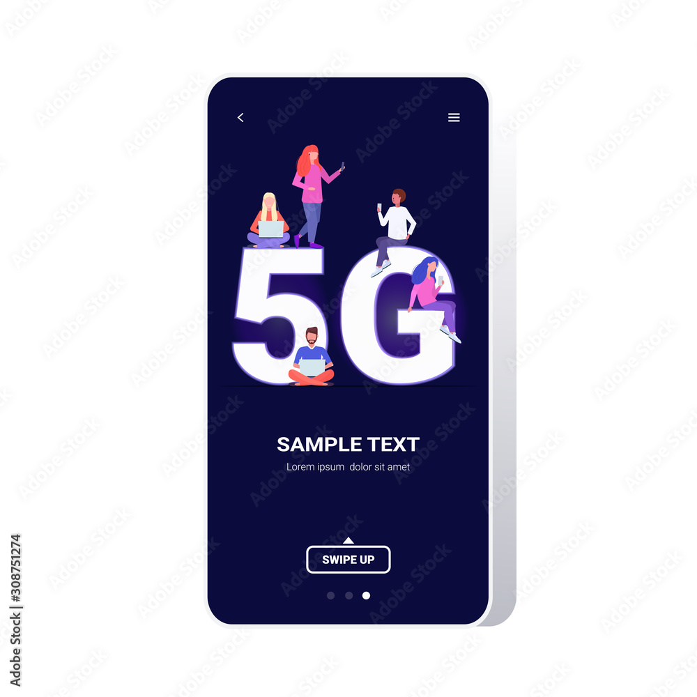 Aufkleber mix race people using digital devices 5g online wireless systems connection fifth innovative generat