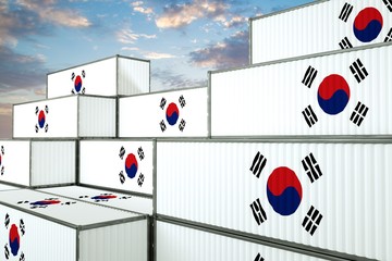 3D illustration Container terminal full of containers with flag of South Korea
