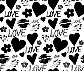 Vector graphic with the image of hearts, flowers and inscriptions "love". Seamless pattern for printing on fabric, paper and wallpaper.