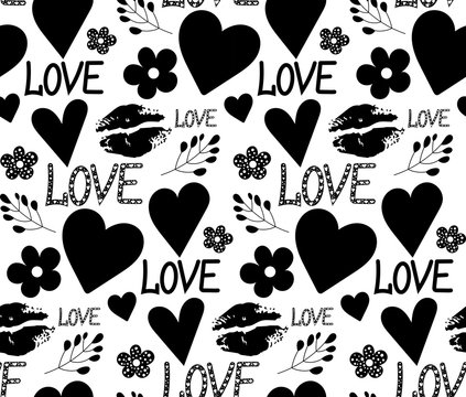 Fototapeta Vector graphic with the image of hearts, flowers and inscriptions "love". Seamless pattern for printing on fabric, paper and wallpaper.