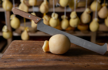 Sliced head of Italian hard cheese Scamorza or Caciocavallo with lime. caciocavallo - Italian cheese made from cow's or sheep's milk, closeup.